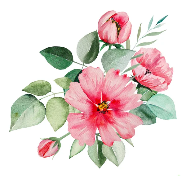 Acuarela Flores Rosadas Hojas Verdes Ramo Ilustración Aislado —  Fotos de Stock