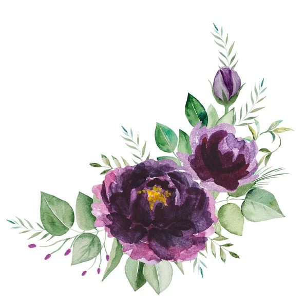 Aquarelle Fleurs Violettes Feuilles Vertes Bouquet Illustration Isolé — Photo