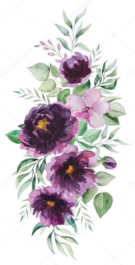 Watercolor purple flowers and green leaves bouquet illustration isolated