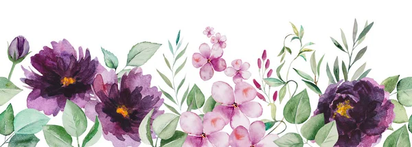 Acuarela Flores Púrpura Hojas Verdes Borde Sin Costura Ilustración Aislado —  Fotos de Stock