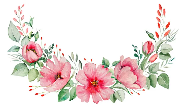 水彩缤纷的粉红色花朵和绿叶花环图解隔绝 — 图库照片