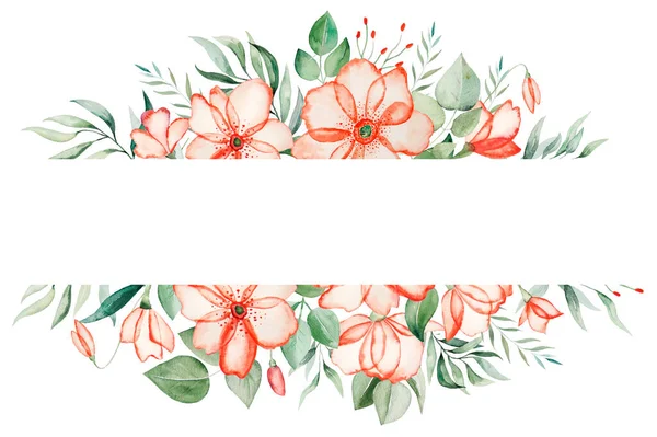 Akvarell Rosa Blommor Och Gröna Blad Gränsen Ram Illustration Isolerad — Stockfoto