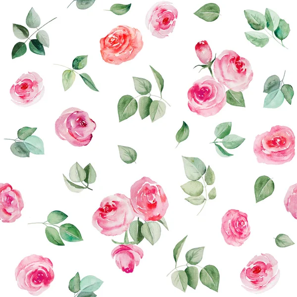 Aquarelle Fleurs Roses Feuilles Motif Sans Couture Illustration Isolé — Photo