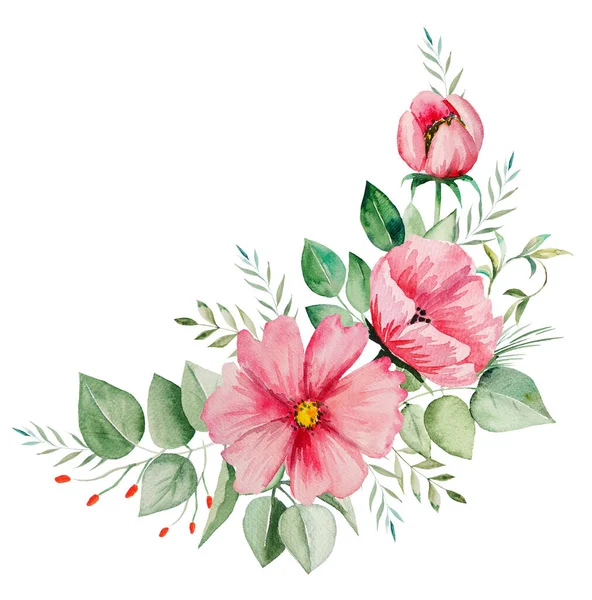 水彩缤纷的粉红色花朵和绿叶花束图解隔绝 — 图库照片