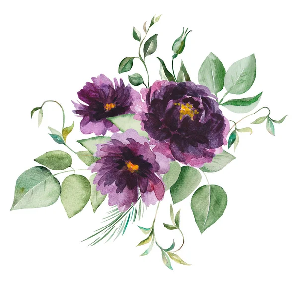 Aquarelle Fleurs Violettes Feuilles Vertes Bouquet Illustration Isolé — Photo