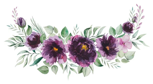 Изолированные Акварельные Фиолетовые Цветы Букет Зеленых Листьев — стоковое фото