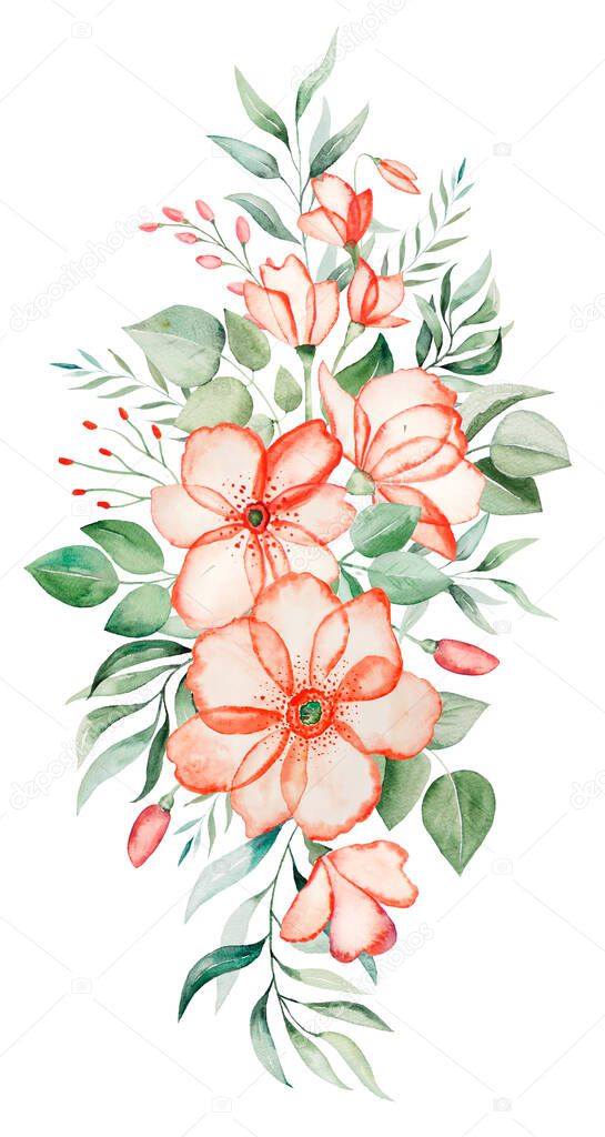 Watercolor pink flowers and green leaves bouquet illustration isolated
