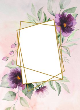 Suluboya mor çiçekler ve yeşil yapraklar çerçeveli suluboya arkaplanlı romantik resimler. Düğün kırtasiyesi, selamlar, duvar kağıdı, moda, posterler