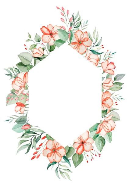 Acquerello Fiori Rosa Foglie Verdi Cornice Illustrazione Isolato — Foto Stock