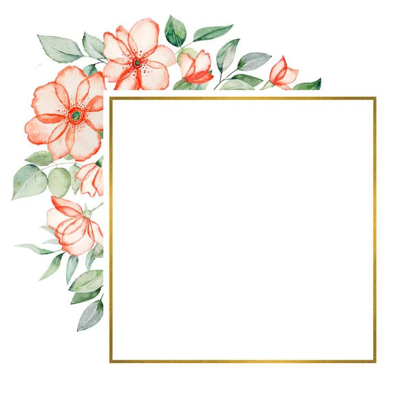 Aquarell Rosa Blüten Und Grüne Blätter Rahmen Illustration Isoliert — Stockfoto