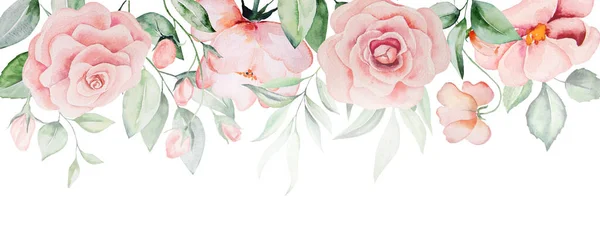 Acuarela Flores Rosadas Borde Hojas Verdes Romántica Ilustración Pastel Para —  Fotos de Stock