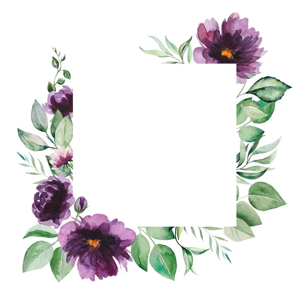 水彩缤纷的紫色花朵和孤立的绿色叶框图解 — 图库照片
