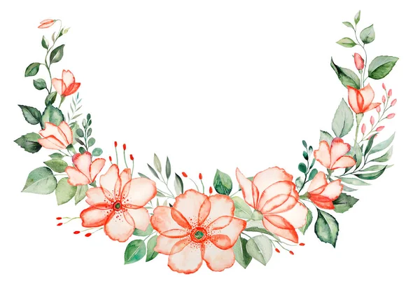Acuarela Flores Rosadas Hojas Verdes Corona Ilustración Aislada — Foto de Stock