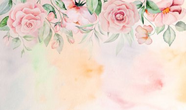Suluboya pembe çiçekler ve yeşil yapraklar sınır kartı, suluboya arka planlı romantik pastel çizimler. Düğün kırtasiyesi, selamlar, duvar kağıdı, moda, posterler