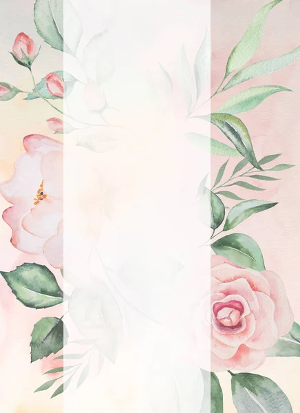 Υδατογραφία Ροζ Λουλούδια Και Πράσινα Φύλλα Κάρτα Πλαίσιο Ρομαντική Παστέλ — Φωτογραφία Αρχείου