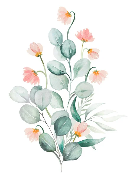 Aquarelle Fleurs Roses Feuilles Vertes Bouquet Illustration Isolé — Photo