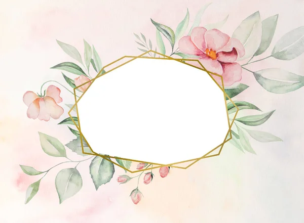 Watercolor Pink Flowers Green Leaves Frame Card Romantic Pastel Illustration — Stock Photo, Image