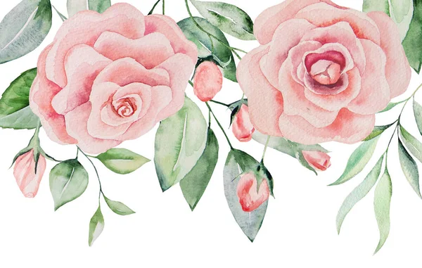 水彩艳丽的粉色花朵和绿叶边卡 浪漫的水彩画衬托着水彩画的背景 用于婚礼固定 — 图库照片