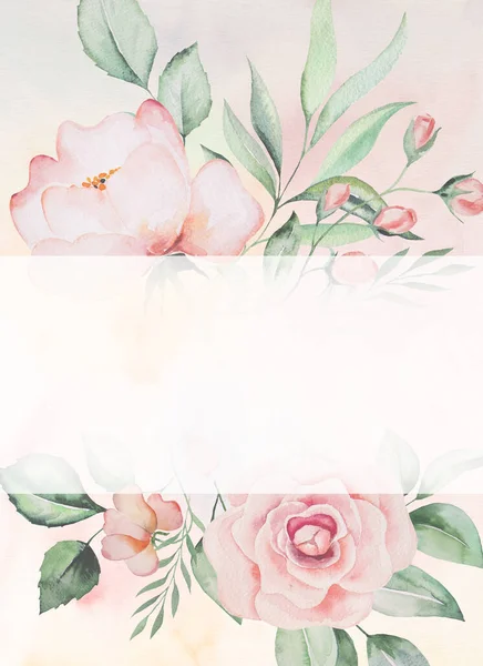 Watercolor Pink Flowers Green Leaves Frame Card Romantic Pastel Illustration — Stock Photo, Image