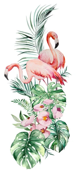 Watercolor pink flamingo, tropical leaves and flowers bouquet design isolated illustration for wedding stationary, greetings, wallpaper, fashion, posters