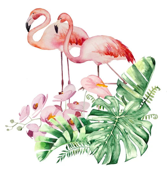 Watercolor pink flamingo, tropical leaves and flowers bouquet design isolated illustration for wedding stationary, greetings, wallpaper, fashion, posters