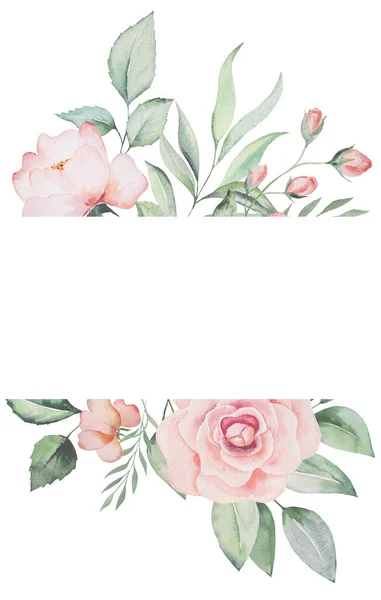 Υδατογραφία Ροζ Λουλούδια Και Πράσινα Φύλλα Κάρτα Πλαίσιο Ρομαντική Παστέλ — Φωτογραφία Αρχείου