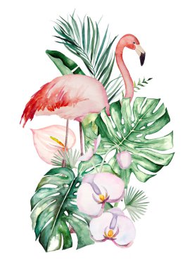 Suluboya pembe flamingo, tropikal yapraklar ve çiçek buketi tasarımı düğün kırtasiyesi, selamlar, duvar kâğıdı, moda, posterler için izole edilmiş illüstrasyon