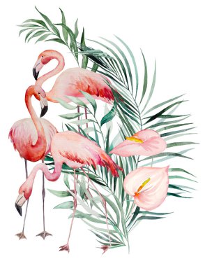Suluboya pembe flamingo, tropikal yapraklar ve çiçek buketi tasarımı düğün kırtasiyesi, selamlar, duvar kâğıdı, moda, posterler için izole edilmiş illüstrasyon