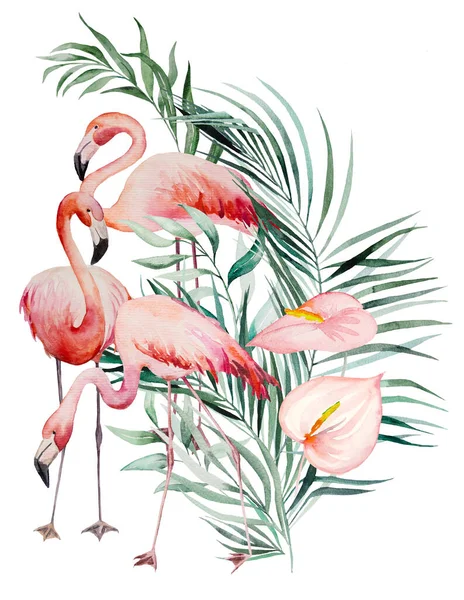 Aquarell Rosa Flamingo Tropische Blätter Und Blumen Blumenstrauß Design Isolierte — Stockfoto