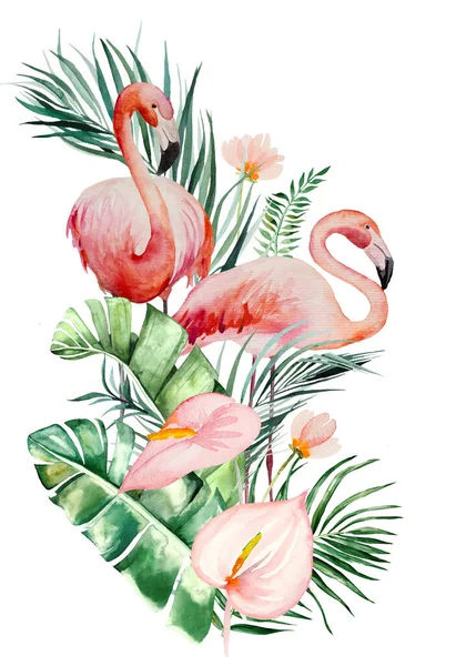 Flamingo Rosa Aquarela Folhas Tropicais Flores Design Bouquet Ilustração Isolada — Fotografia de Stock