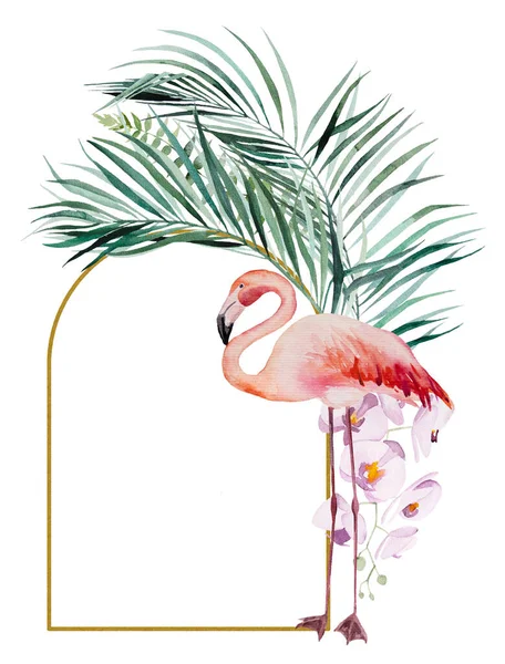 Акварель Рожевий Фламінго Тропічні Листя Рамка Квітів Ізольовані Ілюстрації Весілля — стокове фото