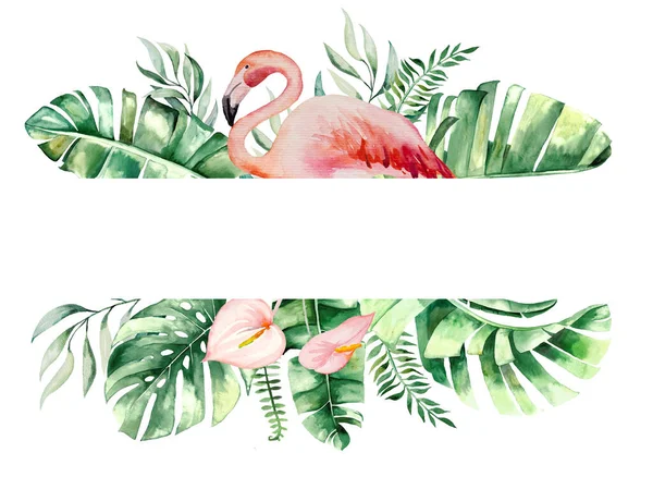 Watercolor pink flamingo, tropical leaves and flowers frame isolated illustration for wedding stationary, greetings, wallpaper, fashion, posters