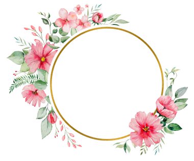 Suluboya pembe çiçekler ve yeşil yapraklar yuvarlak çerçeve kartı suluboya arkaplanlı romantik pastel çizimler. Düğün kırtasiyesi, selamlar, duvar kağıdı, moda, posterler