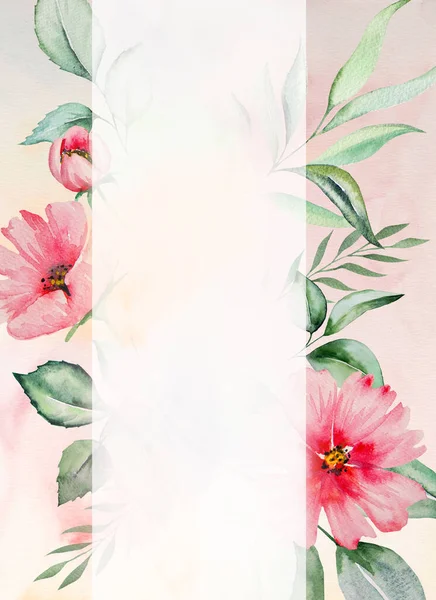 Aquarela Flores Rosa Folhas Verdes Cartão Quadro Ilustração Pastel Romântico — Fotografia de Stock