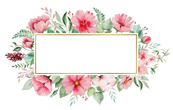 Watercolor Pink Flowers Green Leaves Frame Card Romantic Pastel Illustration — Stock Photo, Image