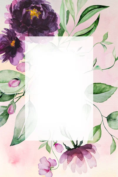 Watercolor Purple Flowers Green Leaves Frame Romantic Illustration Watercolor Background — Stock Photo, Image