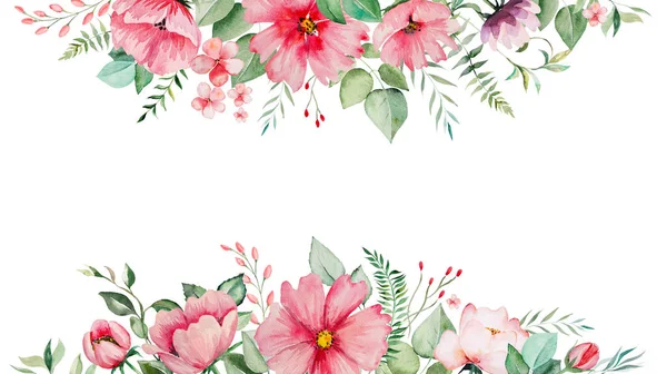 Akwarela Różowe Kwiaty Zielone Liście Granicy Karty Romantyczny Pastel Ilustracja — Zdjęcie stockowe