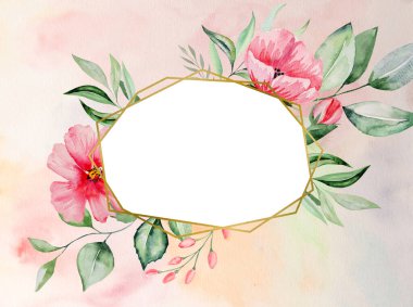 Suluboya pembe çiçekler ve yeşil yapraklar çerçeve kartı, düğün kırtasiyesi için romantik pastel çizimler, selamlar, duvar kağıtları, moda, posterler