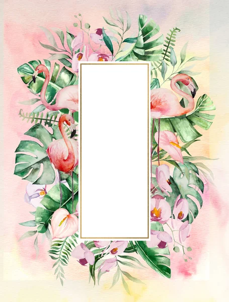Watercolor pink flamingo, tropical leaves and flowers frame illustration with watercolor background. Wedding invitations,  stationary, greetings, fashion, posters