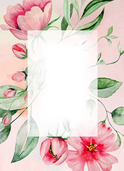 Akvarell Rózsaszín Virágok Zöld Levelek Keret Kártya Romantikus Pasztell Illusztráció — Stock Fotó