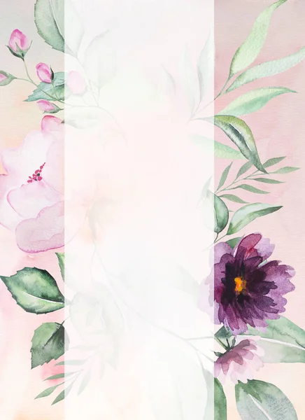 Υδατογραφία Μοβ Λουλούδια Και Πράσινα Φύλλα Πλαίσιο Ρομαντική Απεικόνιση Φόντο — Φωτογραφία Αρχείου