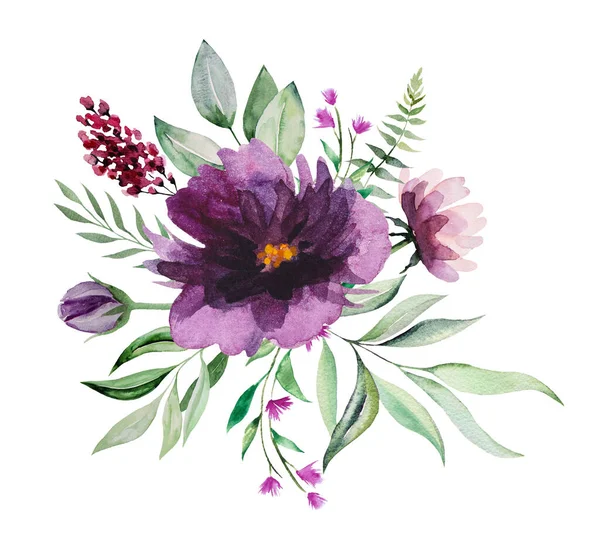 Acuarela Púrpura Rosa Flores Silvestres Ramo Hojas Verdes Ilustraciones —  Fotos de Stock