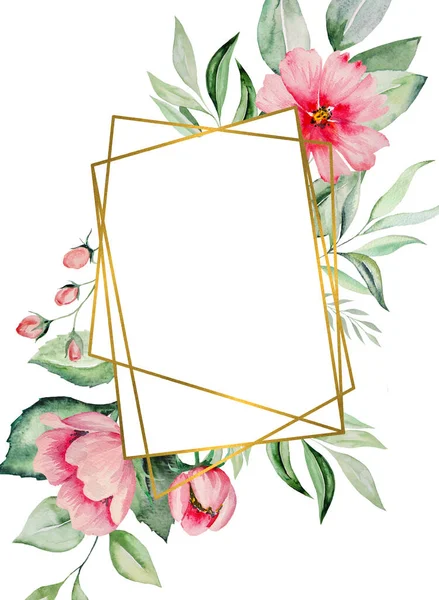 Akvarell Rosa Blommor Och Gröna Blad Ram Kort Romantisk Pastell — Stockfoto