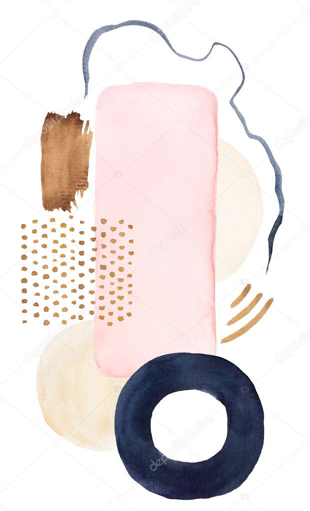Watercolor dark blue and beige painted Abstract elements. Hand drawn modern print set illustration