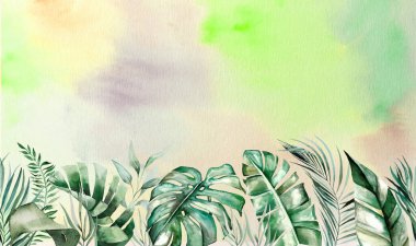 Suluboya tropikal yapraklar suluboya arkaplan ile kenarı diker