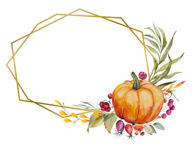 Kabaktan, böğürtlenden, renkli çiçeklerden ve soyutlanmış yapraklardan oluşan suluboya sonbahar çerçevesi