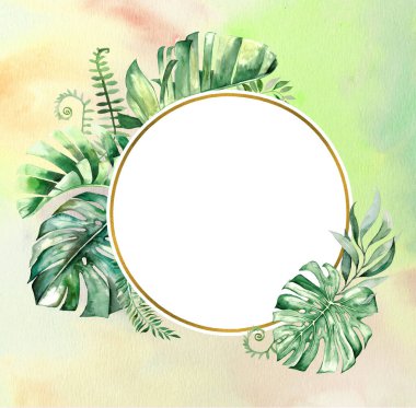 Suluboya tropikal yapraklar geometrik altın çerçeve çizimi suluboya arka plan