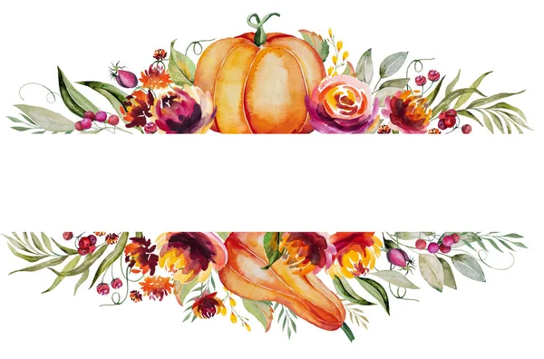 Watercolor Autumn Frame Made Pumpkin Berries Colorful Flowers Leaves Isolated — Stock Fotó