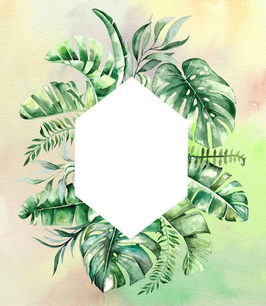 Aquarell Tropische Blätter Geometrische Rahmenillustration Mit Aquarell Hintergrund — Stockfoto