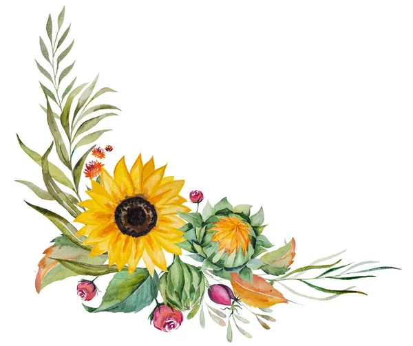 Aquarel Herfst Boeket Gemaakt Van Gele Zonnebloemen Bladeren Geïsoleerd — Stockfoto